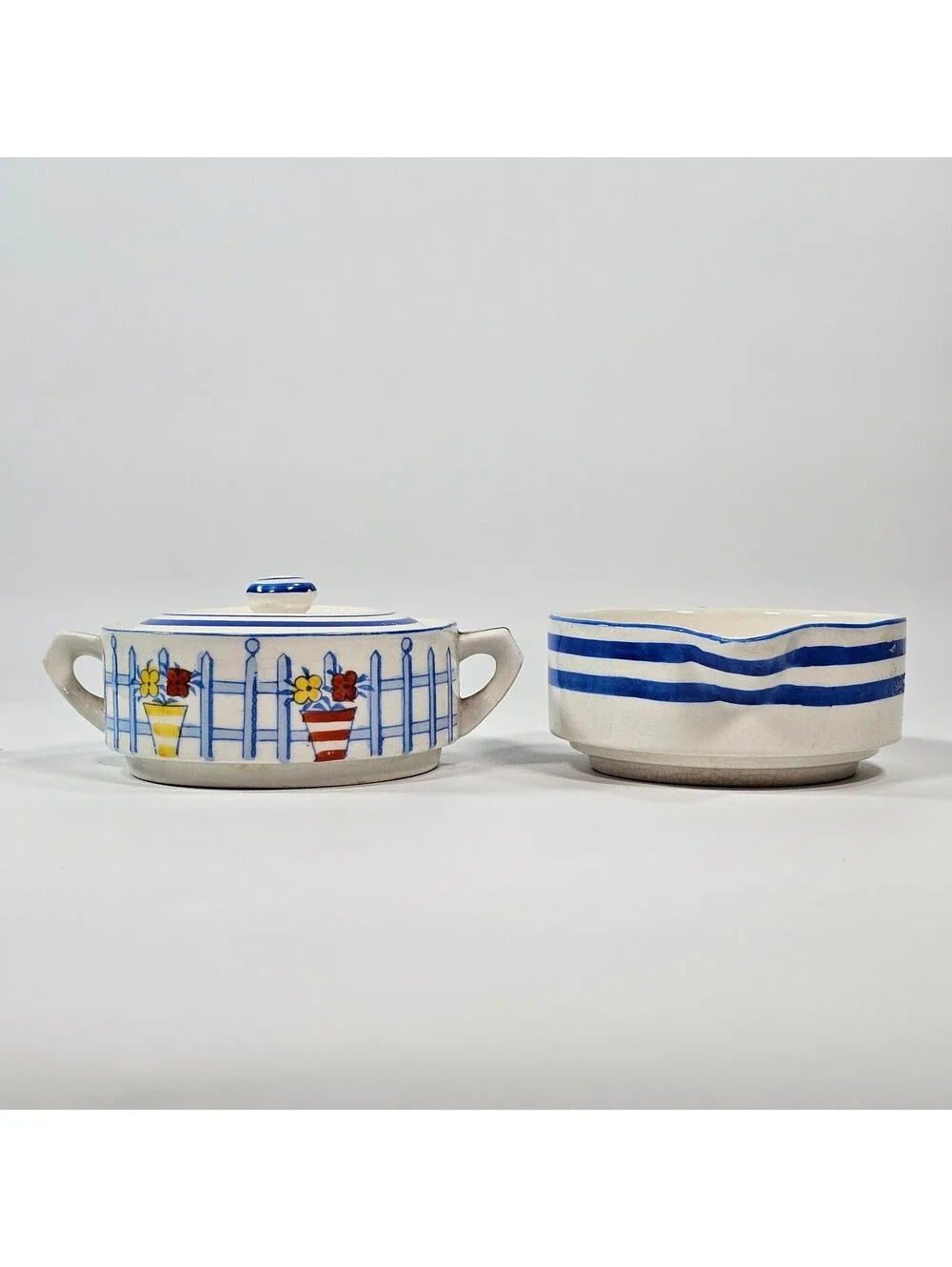 Vintage Sunnyside Japan Sugar Creamer Set Picket Fence Floral Blue White Ceramic